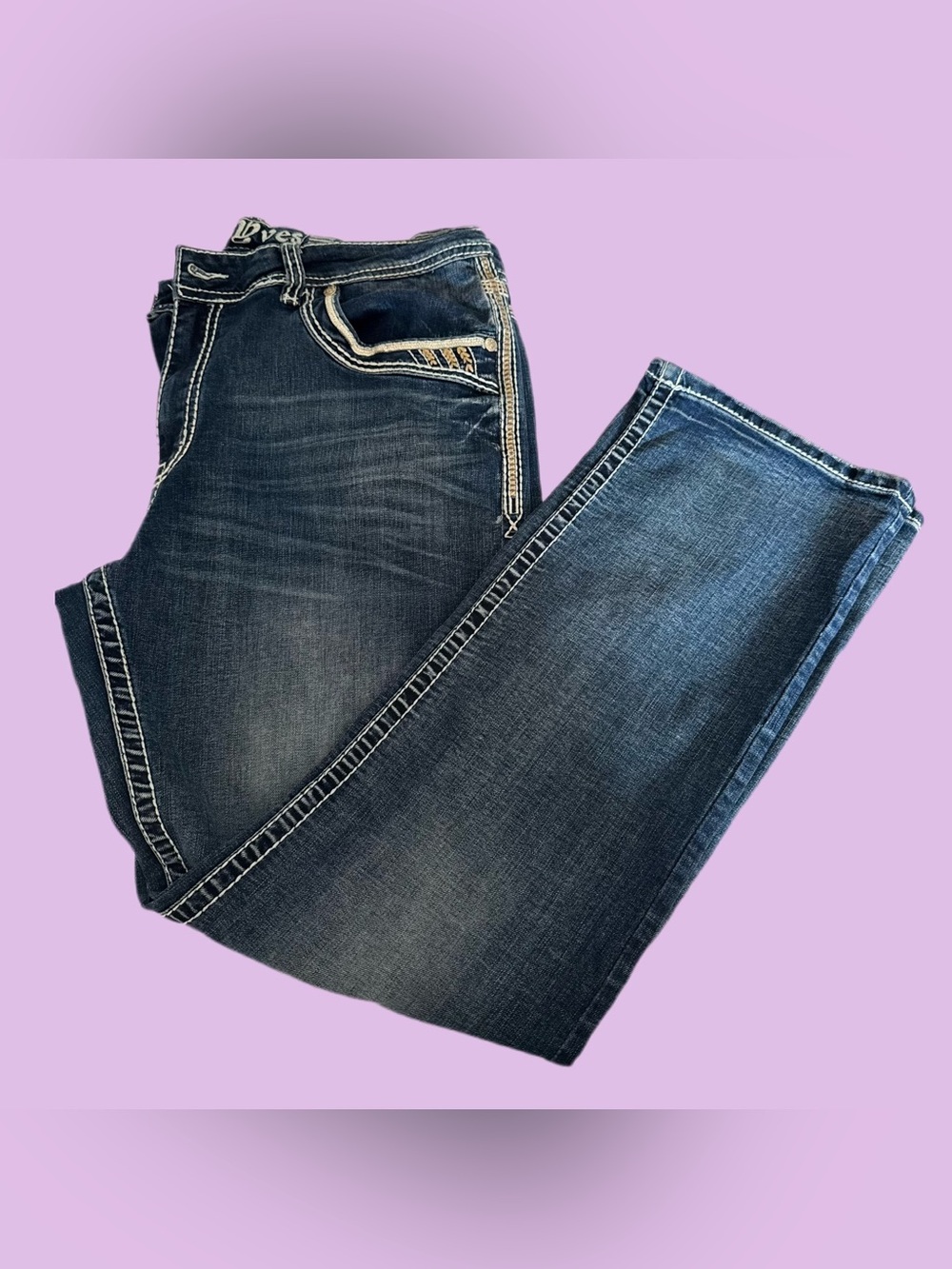 Straight Leg Women's Jeans in Dark Blue with Decorative Stitching